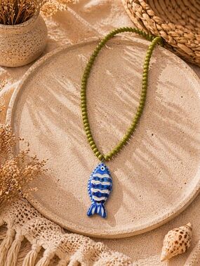 Handpainted Fish Pendant Beaded Necklace Boho Statement NWT